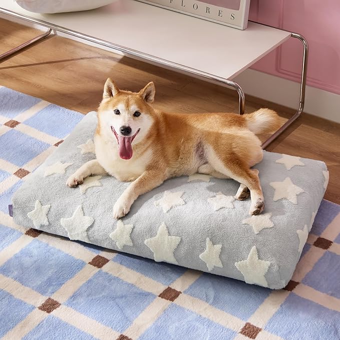 Lesure Dog Beds Large Sized-Thick Shredded Chopped Foam Pet Bed Indoor with Removable Cover, Cute Modern Fuzzy Plush & Anti Slip Bottom, Grey