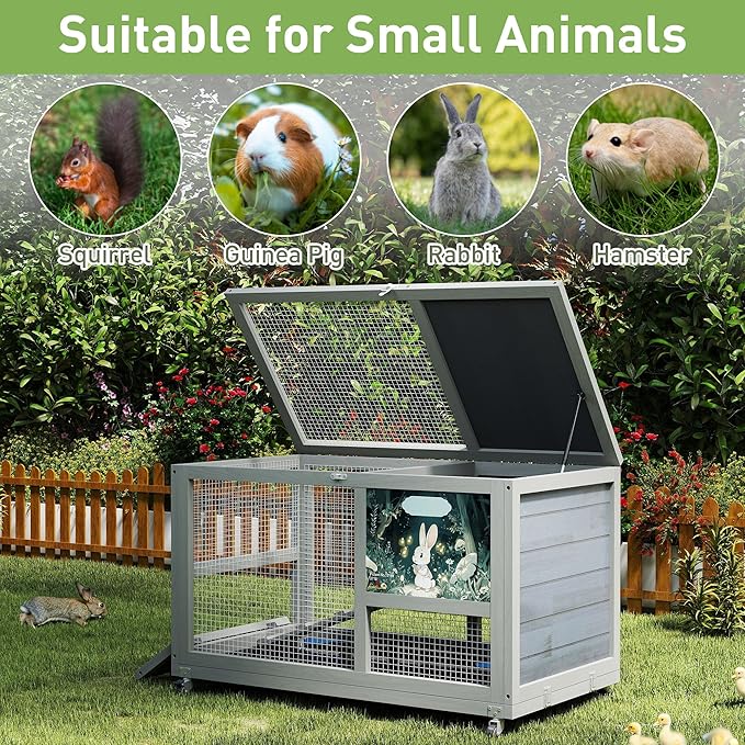 COZIWOW 36.5-Inch Double-Decker Wooden Rabbit Hutch with Wheels, Featuring A Cleaning Tray and Ladder—Stylish and Easy to Assemble（Grey and Pattern）