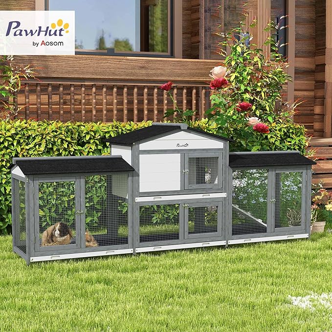 PawHut 90.5" Wooden Rabbit Hutch Bunny Cage Pet Playpen House Enclosure with Double Side Run Boxes, No Leak Tray, Ramp, for Guinea Pig and Small Animals, Light Gray