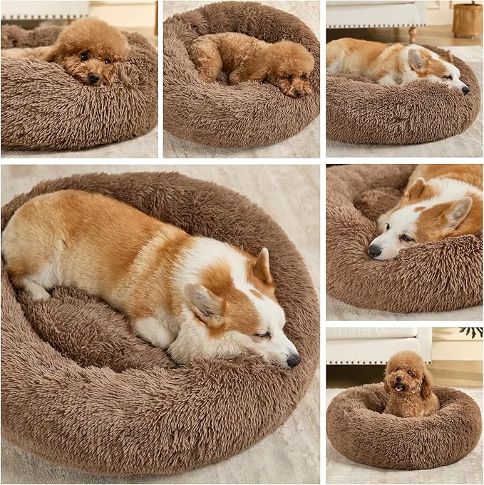 Dog Calming Beds for Small Medium Large Dogs - Round Donut Washable Puppy Dog Bed, Anti-Slip Faux Fur Fluffy Donut Cuddle Anxiety Cat Pet Bed(16'' Khaki