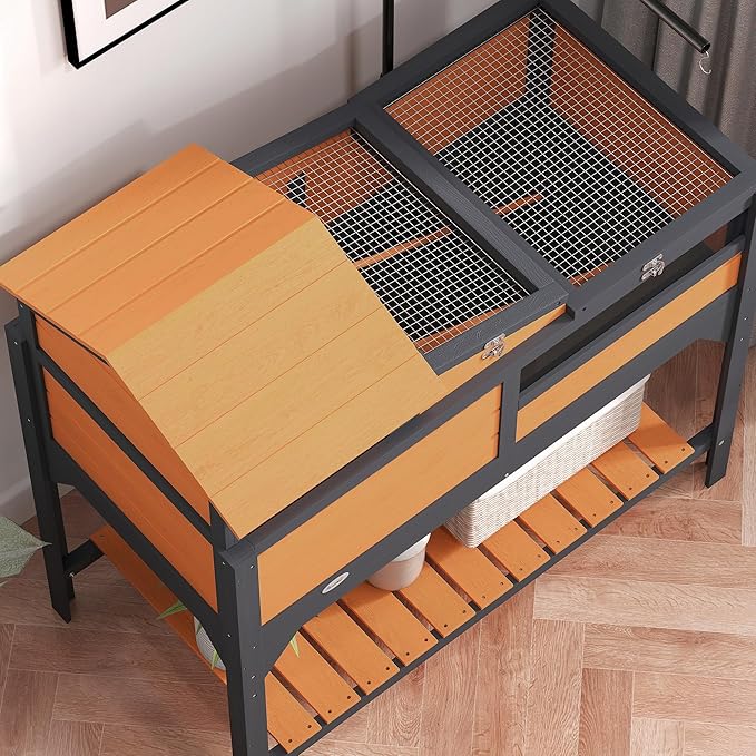 PawHut Tortoise Habitat with Adjustable Lamp Holder, 2 Layer Tortoise Enclosure with Storage Shelf, Removable Main House, Fixed Tray, Openable Lid, Yellow