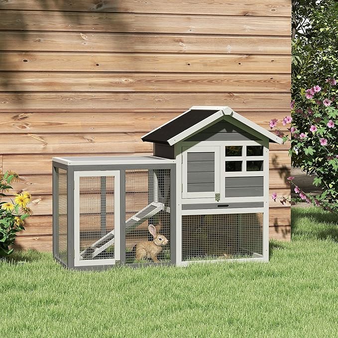 PawHut 48" Wooden Rabbit Hutch Bunny Cage with Waterproof Asphalt Roof, Fun Outdoor Run, Removable Tray and Ramp, Grey
