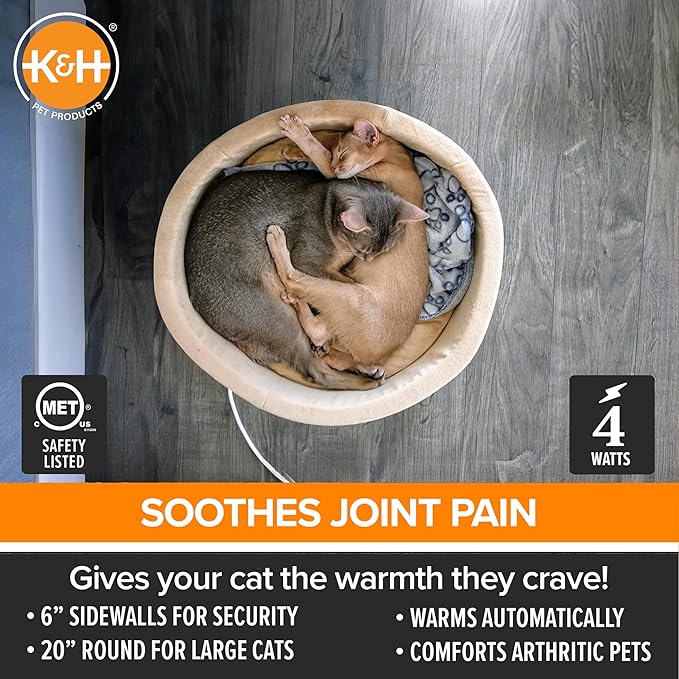 K&H Pet Products Thermo-Kitty Bed Heated Cat Beds for Large Indoor Cats & Dogs, Calming Warming Pillow Pet Bed, Machine Washable, Removable Heater, Safety Listed - Large 20" Round Sage/Tan