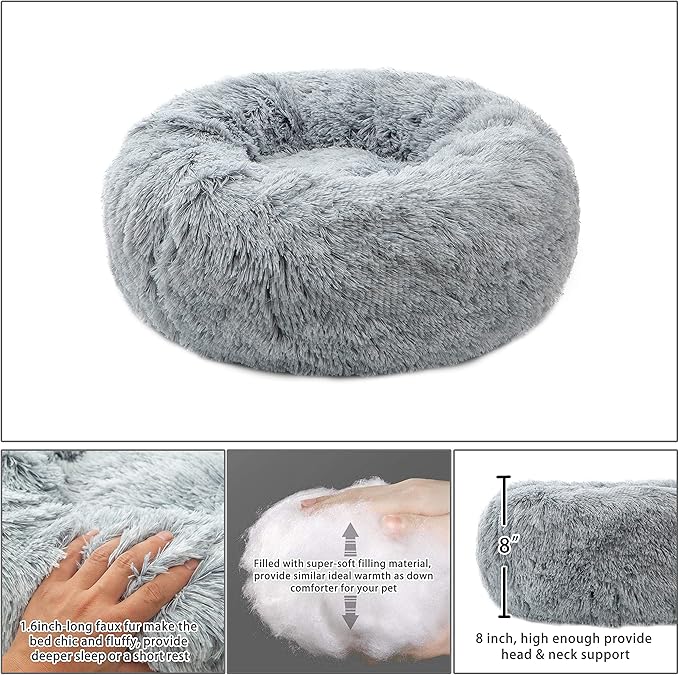 Calming Cat Bed, Soft Round Cuddler Dog Beds Fluffy Plush Faux Fur Pet Beds, Anit-Anxiety Self-Warming Comfy (20", Grey)