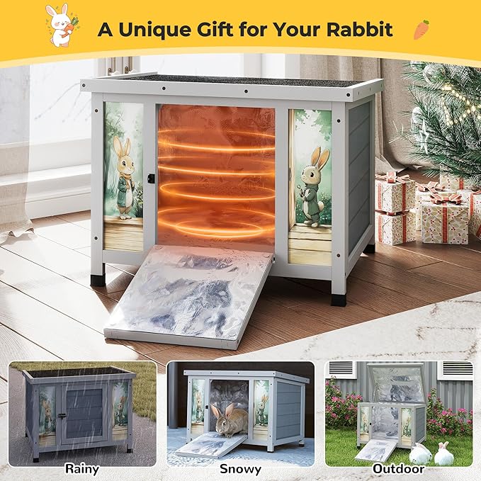 COZIWOW 24inches Insulated Cat House Outdoor Heated Indoor Small Animal House,Rabbit Cage Outdoor,Suitable for Small Cats, Rabbits, with Warm Liner for Winter(Grey with Warm)