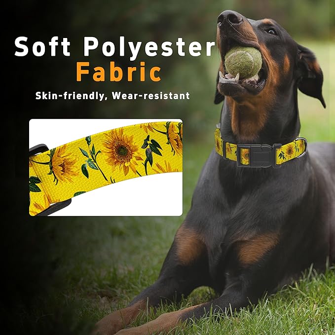 Dog Collar, Floral Puppy Collar for Small Medium Large Dogs, Adjustable Soft Sunflower Pet Collar With Safety Buckle for Males Females (Yellow, L)