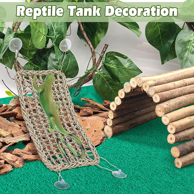 kathson Bearded Dragon Tank Accessories Kit, Reptile Hide Wooden Bridge Terrarium Liner Hammock Jungle Climber Vines Leaves Tweezer and Plant Reptile Habitat Decor for Chameleon Lizards Gecko Snakes