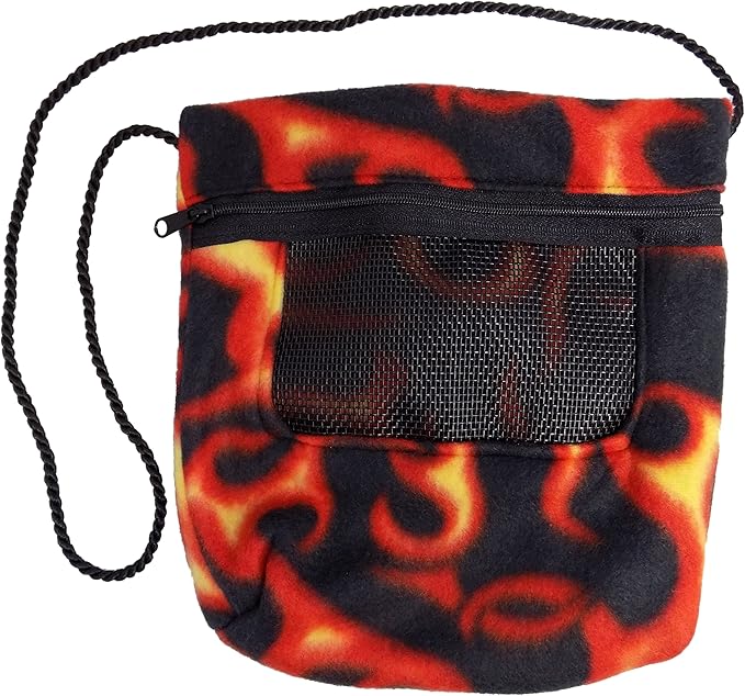 Bonding Carrier Pouch - Premium Bonding Pouch for Sugar Gliders & Other Small Pets - Durable Cozy Fleece Material, Mesh Screen, Rope, & Zipper, Pet Sleeping Bag, Hot Rod Flames