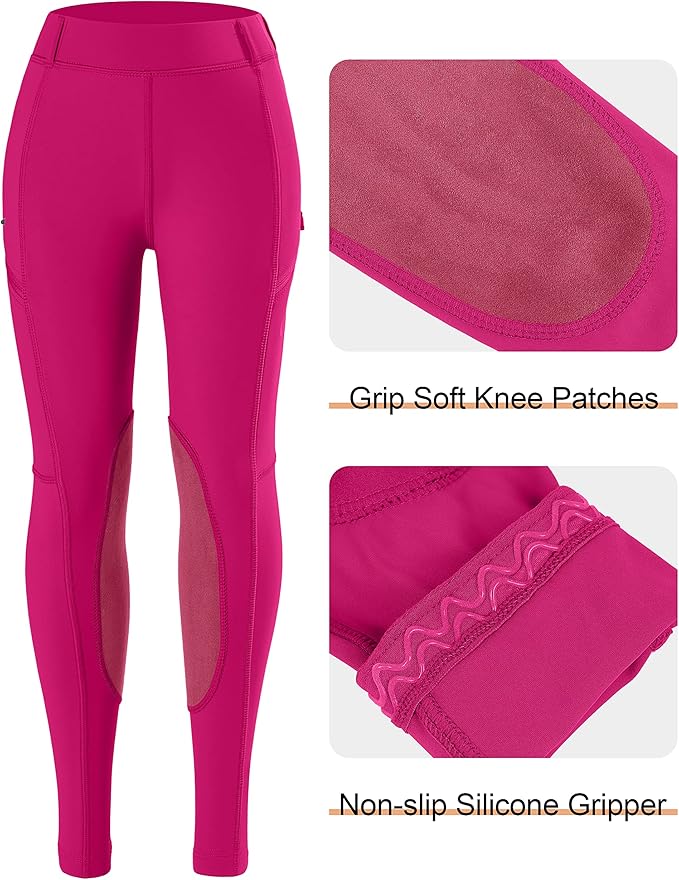 SANTINY Girls Horse Riding Pants with Zipper Pockets Kids Stretchy Equestrian Breeches Knee-Patch Youth Schooling Tights