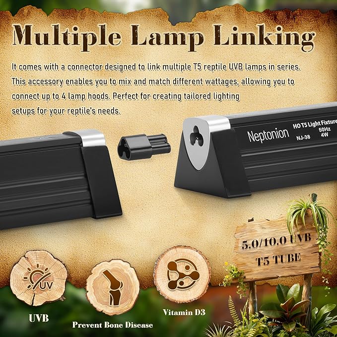 T5 Reptile UVB Light 22.7 Inches Fixture with UVB 10.0 Bulb High Output Hood for Terrariums, Basking Reptiles, Lizards, Chameleons, Iguanas, Bearded Dragons, 14W