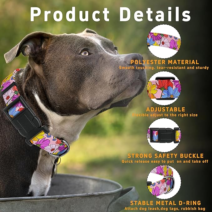 Dog Collar, Pink Floral Boys Girls Puppy Collar for Small Medium Large Dogs, Adjustable Soft Floral Pet Collar with Safety Buckle for Male Females(Pink Floral, XS)