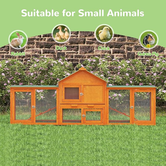 82.5” Large Wooden Rabbit Hutch Outdoor Easy to Assemble Rabbit Cage and Durable Bunny Hutch Indoor with Cleaning Tray & Waterproof Roof for Small and Medium Bunny Rabbit Chick (Orange)