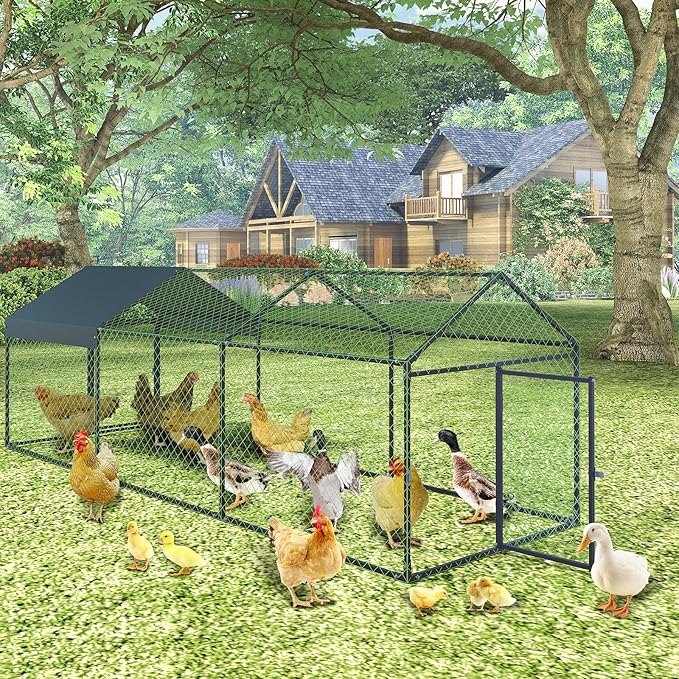 Metal Chicken Coop Run,Outdoor Walk-in Cage Peak Hen House with Waterproof and Anti-Uv Cover,Spire Roof Hen House with Security Lock for Outdoor,Backyard and Farm, 9.8 x 3.3 x 3.3 ft