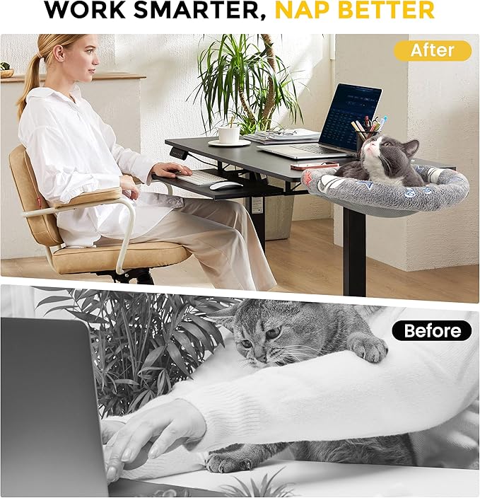 Cat Desk Bed Hammock, Heavy-Duty Metal Frame and Clamp Support up to 40 lbs, Glow in The Dark Fabric, Sunken Design, Foldable and Washable, Indoor Cat Furniture for Office, Game Tables