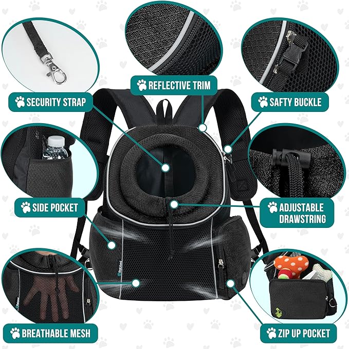 PetAmi Dog Front Carrier Backpack, Ventilated Adjustable Dog Pet Cat Chest Carrier Backpack, Dog Carrier for Hiking Camping Travel, Small Dog Puppy Medium Cat Carrying Bag, Max 10 lbs, Black