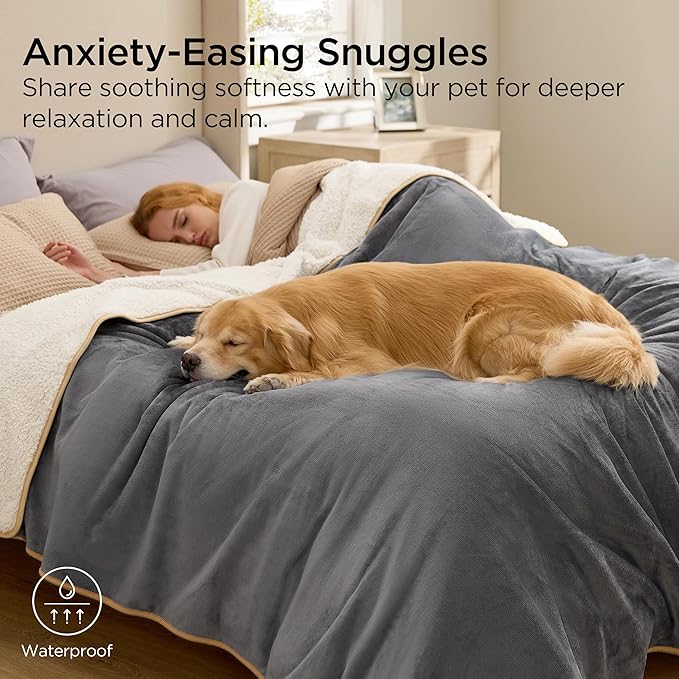 Bedsure Waterproof Blanket for Bed Intimacy- Sherpa Fleece Waterproof Dog Blankets for Large Dogs, Pet Blankets for Bed/Couch, Soft Plush Reversible Furniture Protector, King Size, 108"x86", Grey