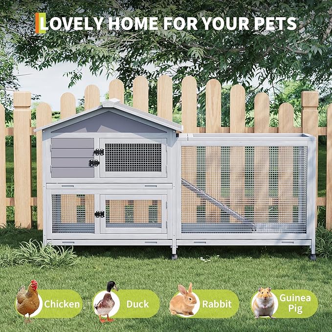 Bunny Cage with Weatherproof Roof, Rabbit Cage with 6 Lockable Caster Wheels & Pull-Out Tray, Rabbit Hutch for Indoor Outdoor Use, Grey（63.2" l x 22.4" w x 37"）