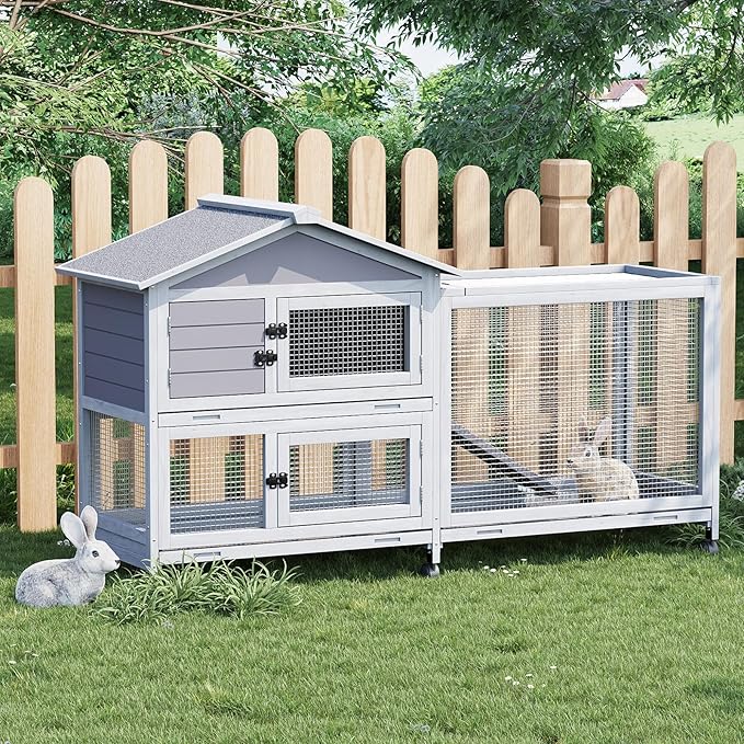 Bunny Cage with Weatherproof Roof, Rabbit Cage with 6 Lockable Caster Wheels & Pull-Out Tray, Rabbit Hutch for Indoor Outdoor Use, Grey（63.2" l x 22.4" w x 37"）
