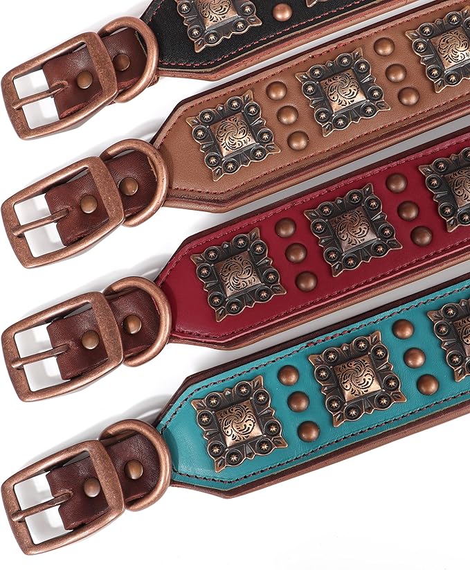 PET ARTIST Upgrade Padded Leather Dog Collar, 2 inch Wide Genuine Leather Dog Collars with Strong Studded Rivet & Metal Buckle, Adjustable Large Dog Collar for Pit Bull Doberman,Brown,Neck 19-22"