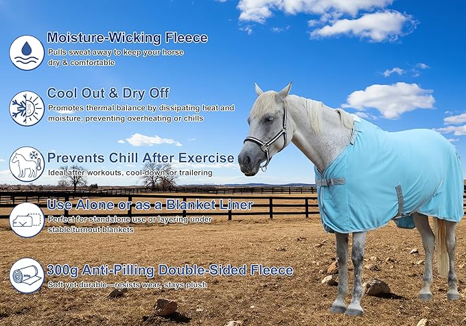 Horse Fleece Cooler, Blanket Liner - 300g Anti-Pilling Fleece, Moisture-Wicking, Cooling & Drying for Post-Workout, Bath & Travel, Prevent Overheating & Chilling Lightblue 78
