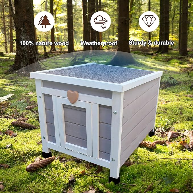 Rockever Outdoor Cat House,Outdoor cat Houses for Feral Cats Weatherproof Rabbit Hutch Small, Wooden Small Pet House and Habitats-Grey