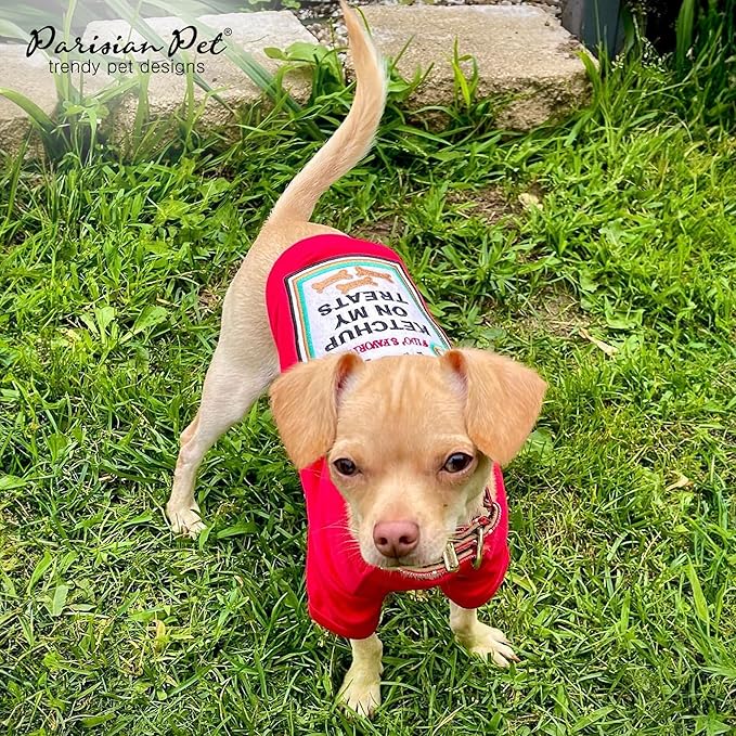 Parisian Pet Dog Shirt - Embroidered “I Put Ketchup on My Treats“ - 100% Cotton and Polyester Dog Clothes - Sleeved, Lightweight Costume for Dogs - Red Dog Shirts for Large Dogs - Pet Costumes - L