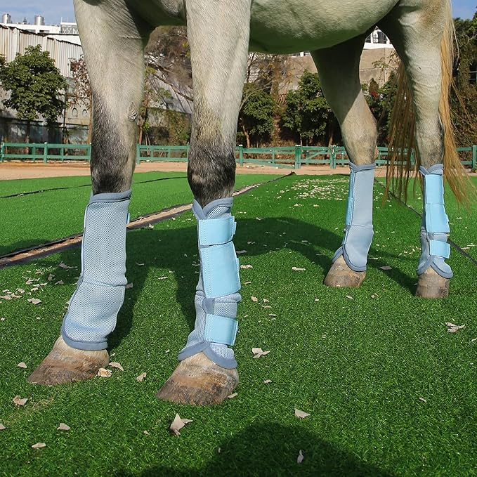 Adjustable Horse Fly Boots Set of 4, Equine Leg Protection Reduce Stomping, Breathable Mesh Fly Boots for Horses, Horse Leggings Leg Guards