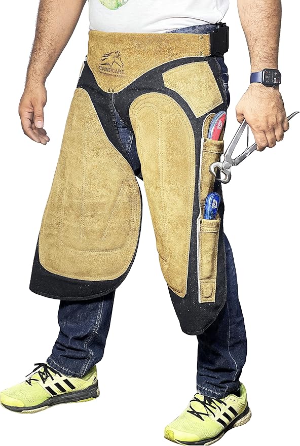 Equine Care Farrier Apron Chaps – Cowhide Suede Leather & Canvas, Adjustable Waist 28"-52" with Back Support, Tool Pockets & Nail Magnets – 23", 25", 27", 29" for Horse Shoeing (23 inches (59 cm))