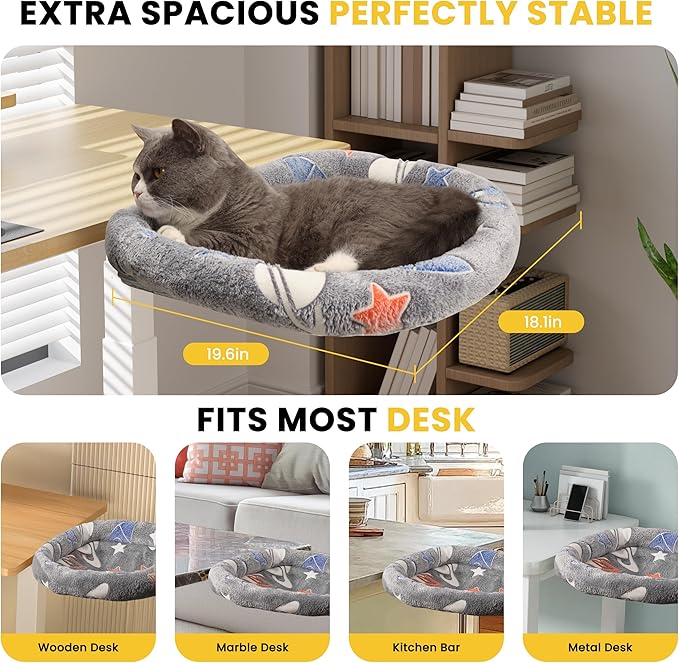 Cat Desk Bed Hammock, Heavy-Duty Metal Frame and Clamp Support up to 40 lbs, Glow in The Dark Fabric, Sunken Design, Foldable and Washable, Indoor Cat Furniture for Office, Game Tables
