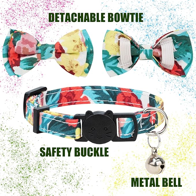 Collar for Cat Pet Breakaway with Bell Bowtie Detachable Bow Adjustable Safety Kitten Puppy Girl Boy 2pcs Yellow & Purple Oil Painting