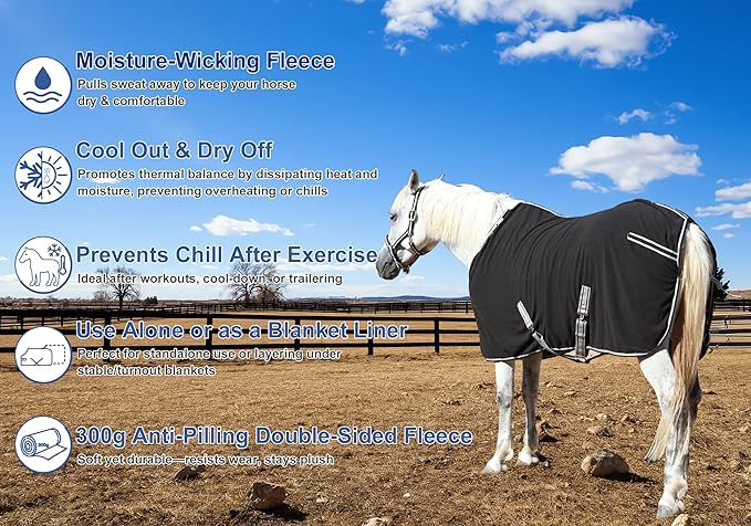 Horse Fleece Cooler, Blanket Liner - 300g Anti-Pilling Fleece, Moisture-Wicking, Cooling & Drying for Post-Workout, Bath & Travel, Prevent Overheating & Chilling Black 84