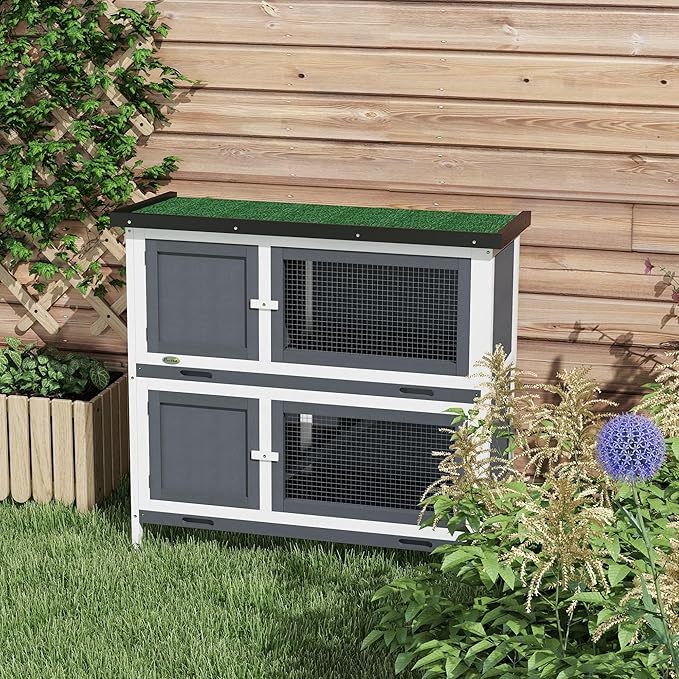 PawHut Wooden Bunny Rabbit Hutch, Small Animal Habitat with Ramp, Removable Tray & Weatherproof Roof, Indoor/Outdoor, Grey