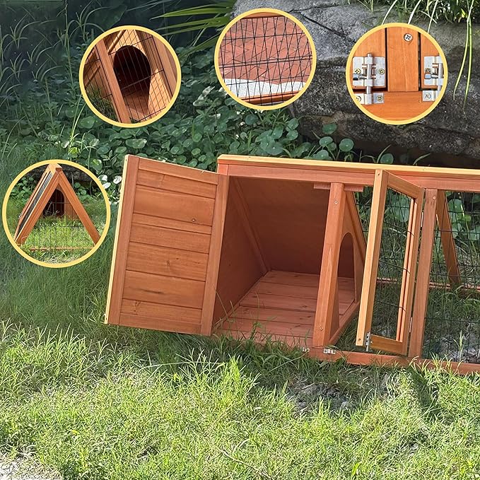 Small Chicken Coop, Wooden Chicken Coop for 2 Chickens Outdoor A-Frame Quail Cage Rabbit Hutch with 2 Doors,Removable Tray&Ventilating Wire Fence for Backyard,Farm(Brown)