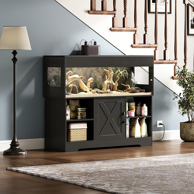 60 Gallon Reptile Tank with Stand, Terrarium Tank with Storage Cabinet, for Lizards, Skinks, Snakes, Sliding Acrylic Doors, Mesh Top, Built-in Power Outlet Black PX02RTB