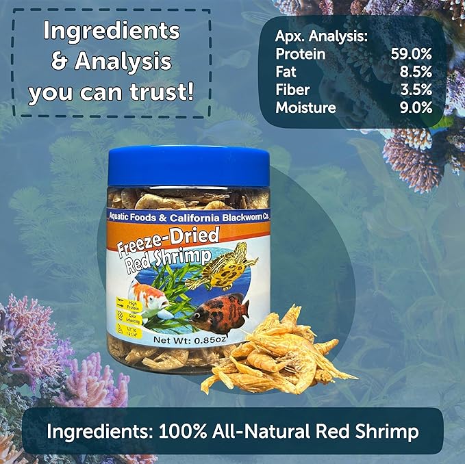 Aquatic Foods Inc. Red Shrimp, Freeze Dried 1/2" to 1 & 1/4" Floating Red River Shrimp for Cichlids, All Tropical Fish, Koi & Pond Fish, Aquatic Turtles, Reptiles, Rodents 5oz Canister