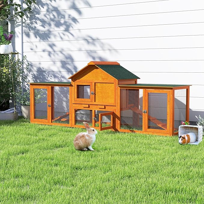82.5” Large Wooden Rabbit Hutch Outdoor Easy to Assemble Rabbit Cage and Durable Bunny Hutch Indoor with Cleaning Tray & Waterproof Roof for Small and Medium Bunny Rabbit Chick (Orange)