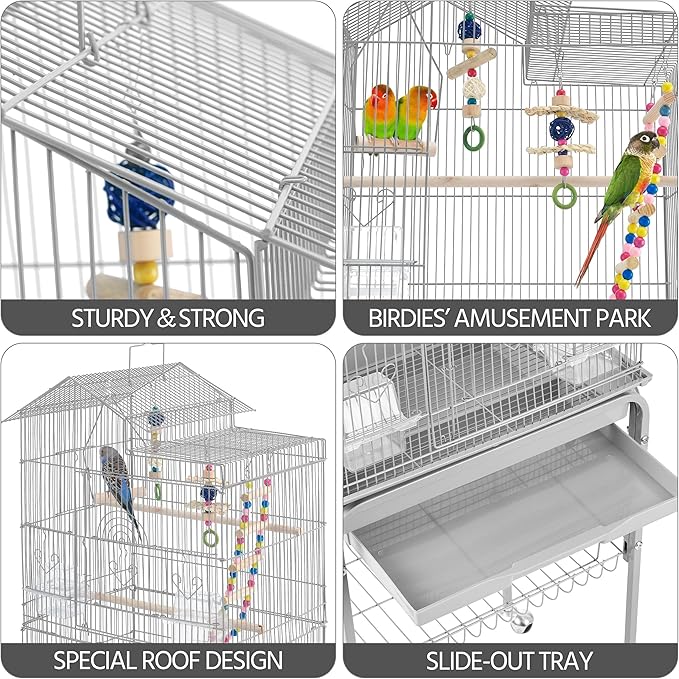 Yaheetech Metal Roof Top Bird Cage Wrought Rolling Birdcage w/Detachable Stand for Medium Small Parrots Parakeets Budgies Cockatiels