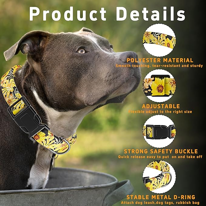 Dog Collar for Boys Girls, Puppy Collar for Small Medium Large Dogs, Adjustable Soft Patterned Pet Collar with Safety Buckle for Male Females(Yellow Floral,XS)