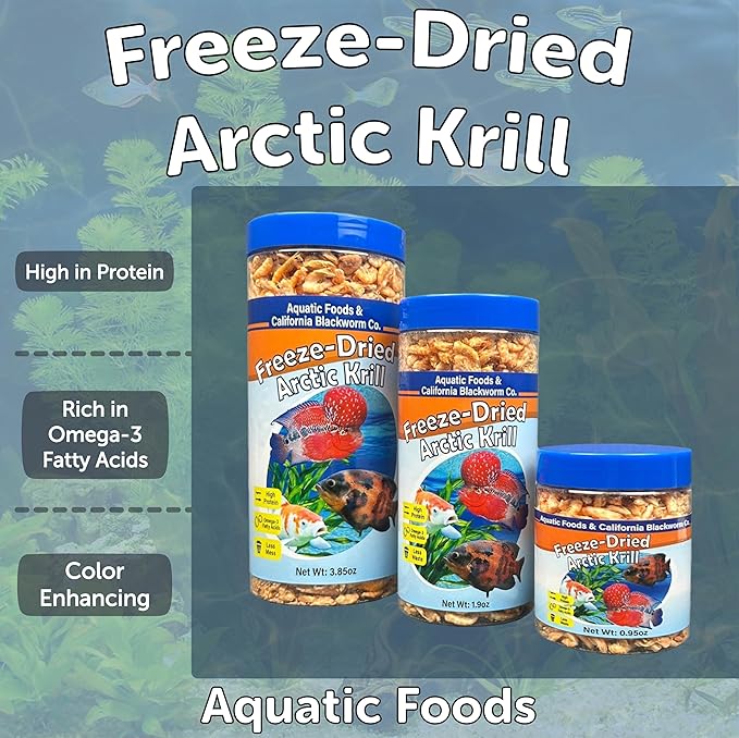Aquatic Foods Inc. Arctic Krill, Freeze Dried Krill, High in Natural Color Enhancing for Large Cichlids, Tropical Fish, Koi, Turtles, 12-Type Pellet Mix & 4-Type Wafer Mix Included 3.85oz Canister