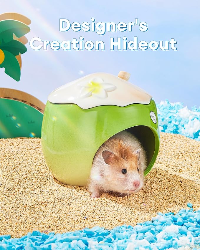 BUCATSTATE Coconut Shape Ceramic Hamster Hideout with Removable Lid & Ice Compartment - All-Season Cool Bed for Dwarf Hamster, Gerbil, Mice, Golden Bear - Large Green Small Pet House Habitat