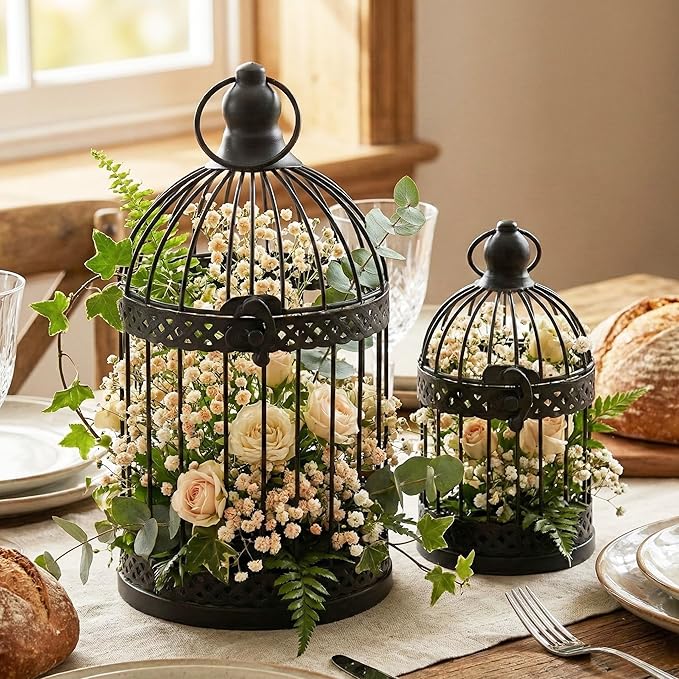 VELA LANTERNS Bird Cage Decor Candle Holder Lantern Decorative Table Centerpiece Halloween Decorations, 10" and 6" Tall, Black, Set of 2