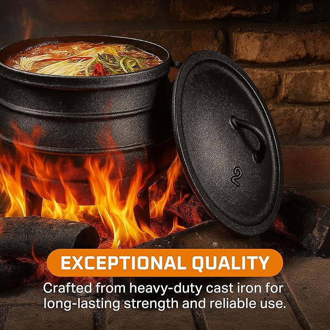 Bruntmor 8-Quart Pre-Seasoned Cast Iron Cauldron - African Potjie Pot with Lid - 3-Legged Pot for Even Heat Distribution - Outdoor Cast Iron Dutch Oven Cookware for Campfire Cooking and Boiling