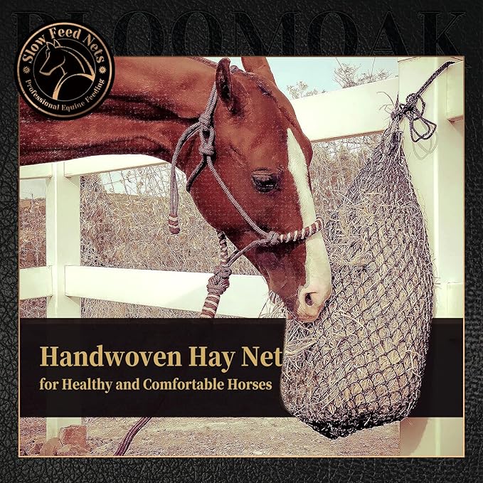 Bloomoak Slow Feed Hay Net for Horses, 40" Hay Bag with 2 inch Hole for Horse and Goat, Heavy Duty PE,Easy Fill with Rings…