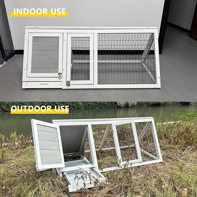 Chicken Run Coop,Wooden A-Frame Quail Cages Rabbit Hutch with Ventilating Wire & 3 Doors Indoor Outdoor Portable Playpen Run House for Duck Chick Poultry & Small Animals (Grey)