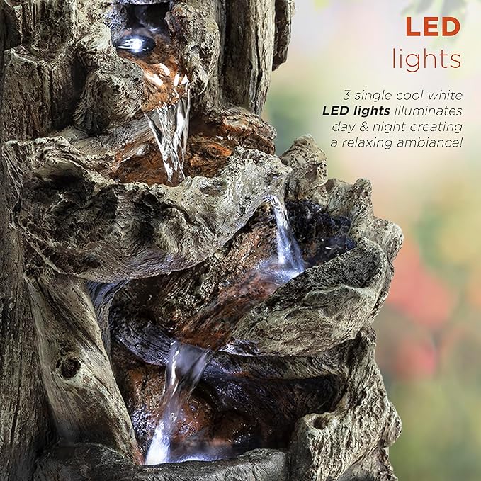 Alpine Corporation | 14"H Indoor Tiered Log Tabletop Fountain with LED Lights — Cascading Waterfall Design Creates Relaxing Ambiance for Home & Office Décor