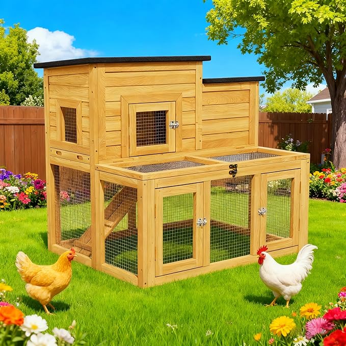 Small Chicken Coop, Chicken Run, Wooden Duck Coop Outdoor 2-Tier Rabbit House All Weather Used Poultry Quail Hutch Pet Cage with Removable Ramp for Garden Backyard (Yellow)