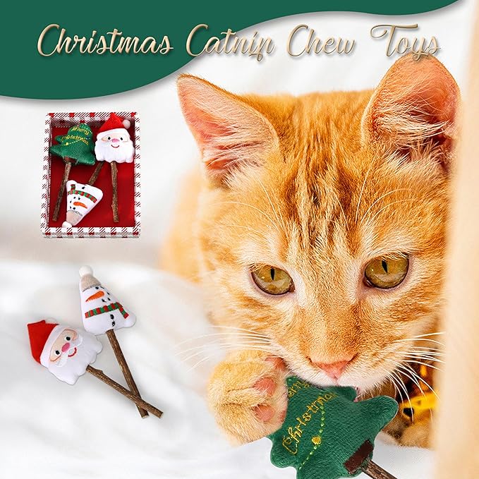 Christmas Catnip Toys Cat Chew Toy, 3Pcs Silvervine Sticks for Cats, Soft Plush Teething Chew Toy, Kitten Catnip Toys for Cats Exercise, with Gift Box