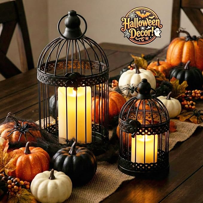 VELA LANTERNS Bird Cage Decor Candle Holder Lantern Decorative Table Centerpiece Halloween Decorations, 10" and 6" Tall, Black, Set of 2