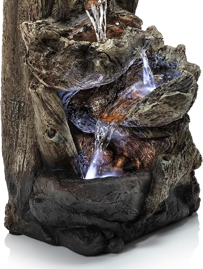 Alpine Corporation | 14"H Indoor Tiered Log Tabletop Fountain with LED Lights — Cascading Waterfall Design Creates Relaxing Ambiance for Home & Office Décor