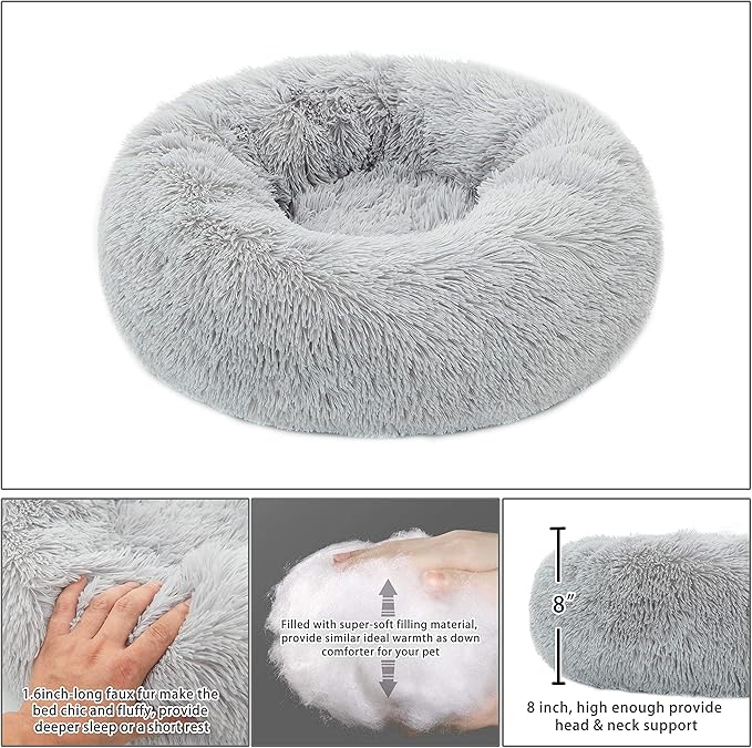 Calming Cat Bed, Soft Round Cuddler Dog Beds Fluffy Plush Faux Fur Pet Beds, Anit-Anxiety Self-Warming Comfy (20", Light Grey)